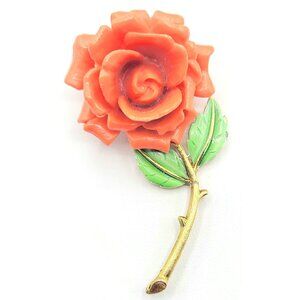Jj Jonette Goldtone Orange Lucite Rose Brooch Signed